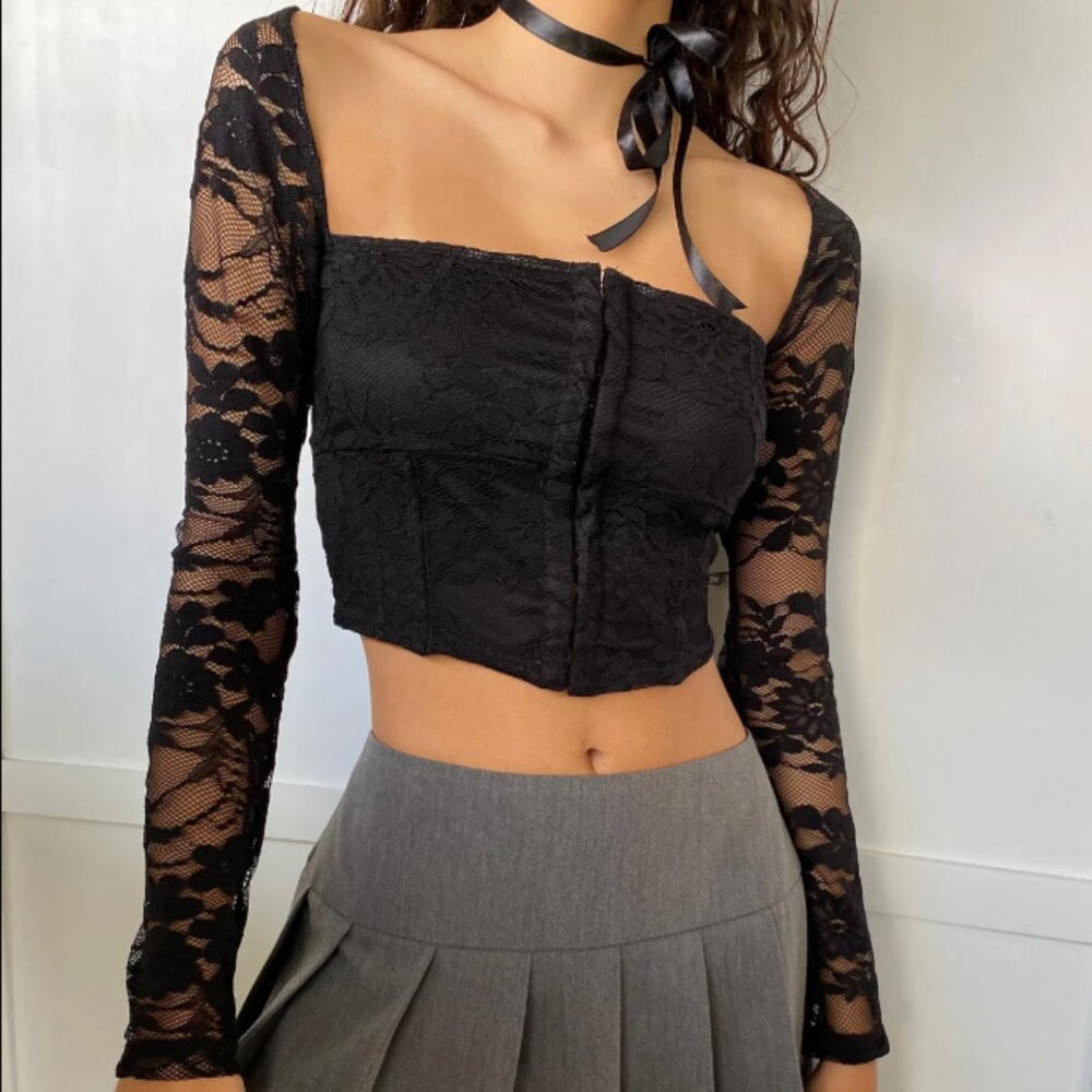 Motel Rocks Khafila Black Lace Long Sleeve Corset Top Size S